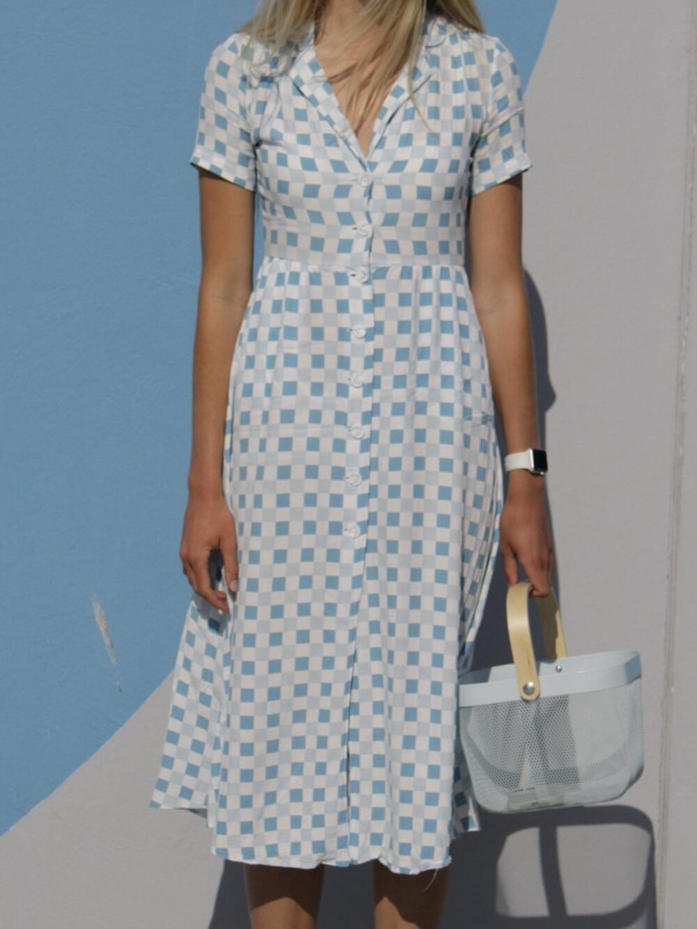 Checkered/Gingham Midi Dress with Collar and Buttons